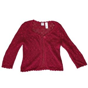 Emma James Medium Red Crochet Button  Cardigan Scalloped‎ Edge Layer